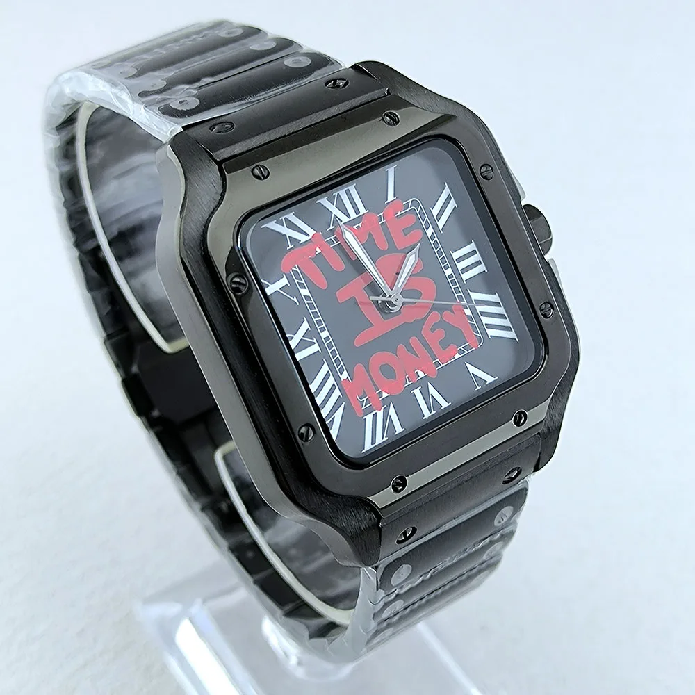 NH35 Square Watch Time is Money Men's Automatic Watch Black Dial Roma Case Folding Buckle Bracelet NH35 NH36 movement Watch