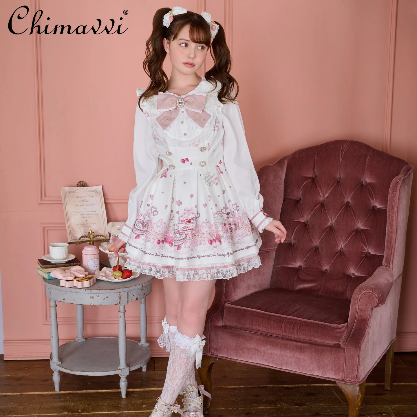 Liz Japanese Mine Dress Set 2025 Spring New Sweet and Cute Bow Bear Long Sleeve Lolita Dress Top and Shorts Kawaii Two-piece Set