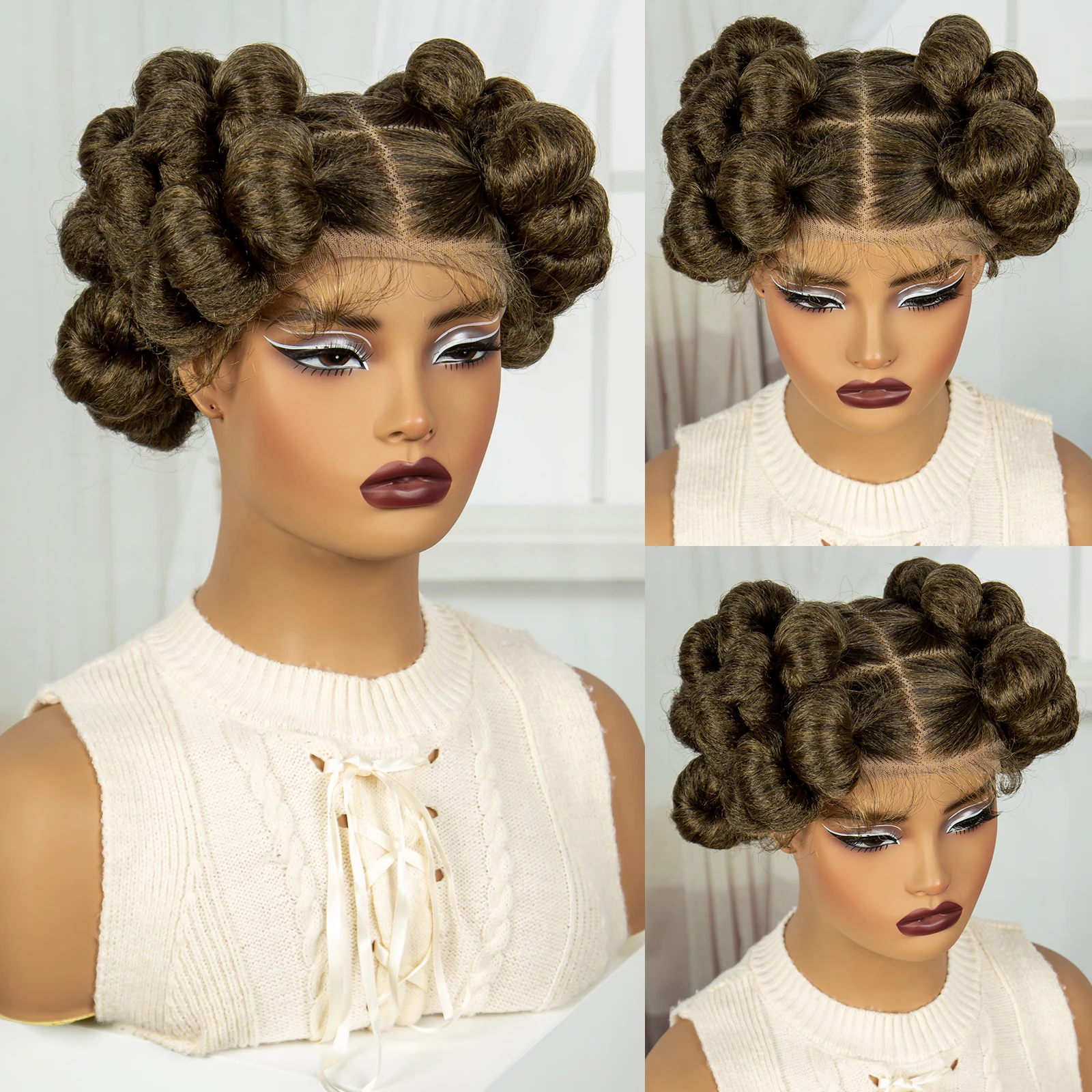 Bantu Braided Wigs Synthetic Transparent Full Lace Braided Lace Wigs Ginger Orange Color Short Cute Handmade Knotless Braids Wig