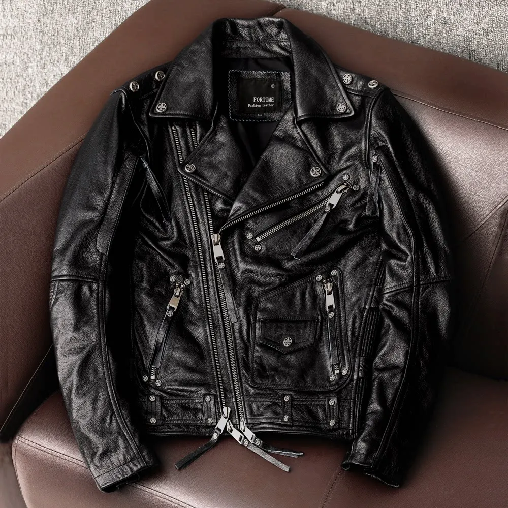 Heavy locomotive clothing pure first-layer cowhide leather cycling clothing multi-zipper leather jacket