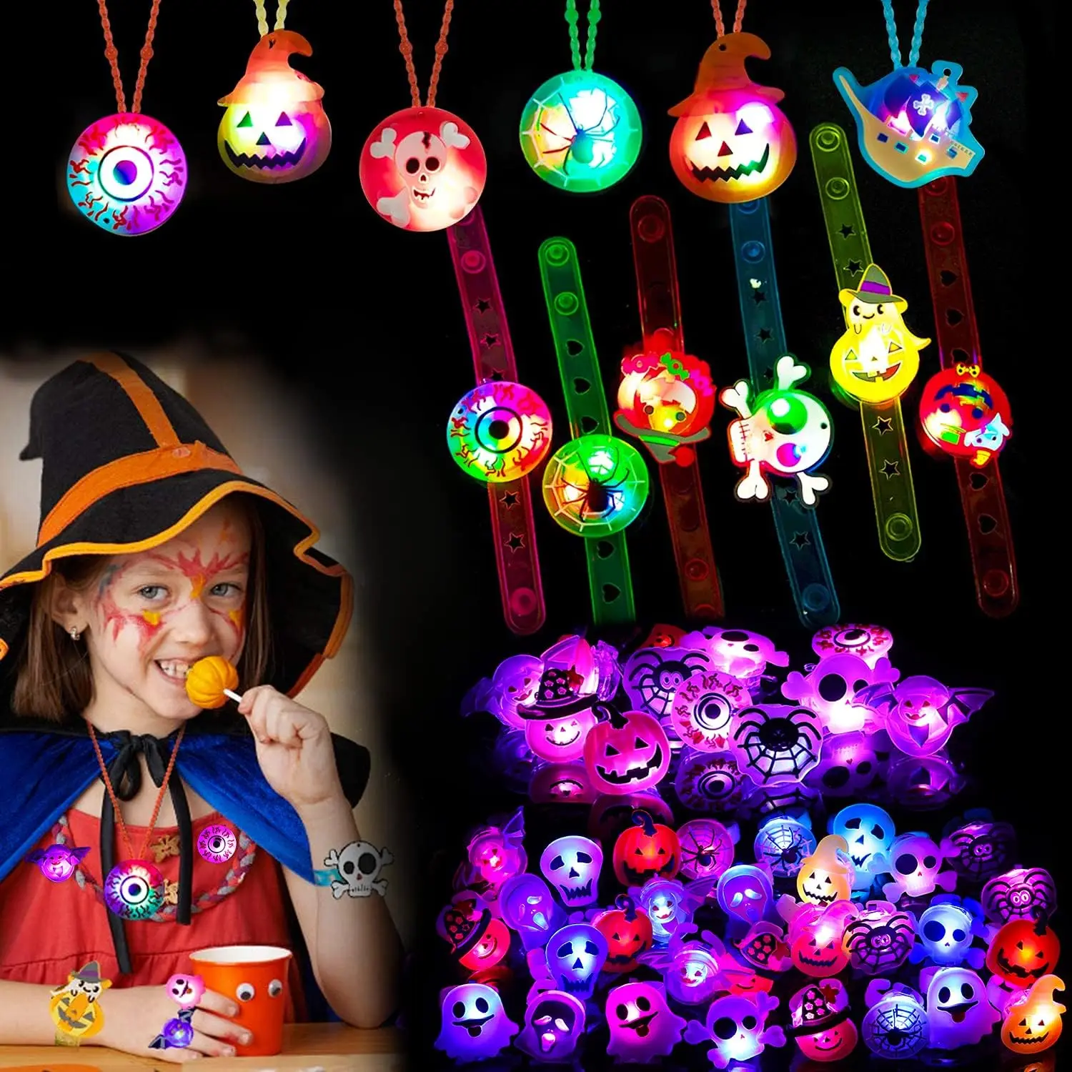 50/136pcs Halloween Party Favors for Kids Led Light Up Ring Necklaces Bracelets Brooch Glow in The Dark Toys Party Gifts Prizes