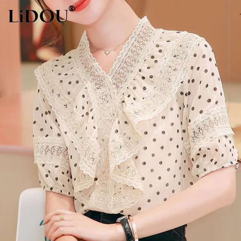 2023 New Spring Tops Women Summer V Neck Short Sleeve Slim Pullover Printing Geometric Hollow Out Lace Office Lady Korean Blouse