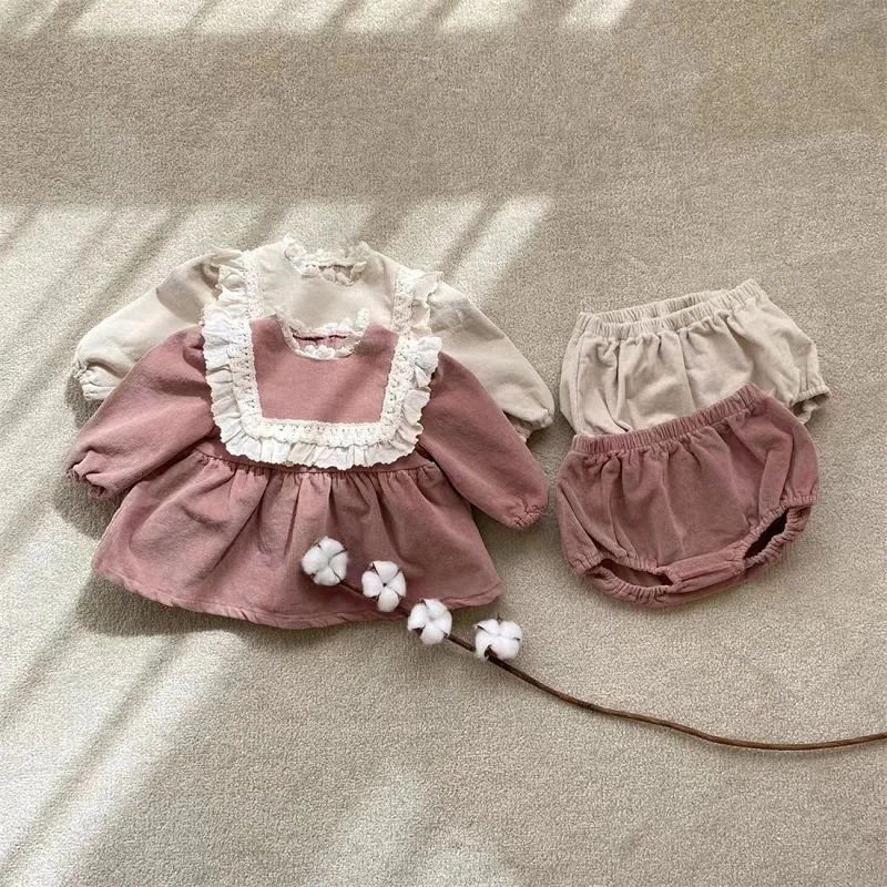 

Cute Newborn Baby Girl Corduroy Clothes Set Long Sleeve Lace Collar Dress Shirt Tops+Bloomer PP Pant 2PCS Outfits Spring Suit