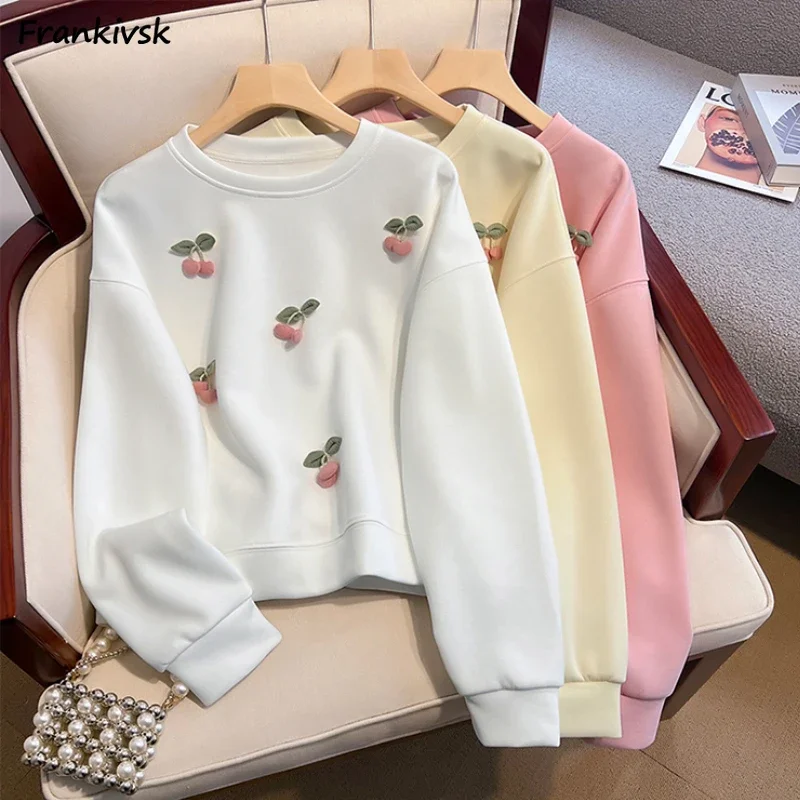 No Hat Sweatshirts Women Baggy Sweet 3d Cherry O-neck Casual Students Ulzzang Autumn Soft Girlish High Street Clothing All-match