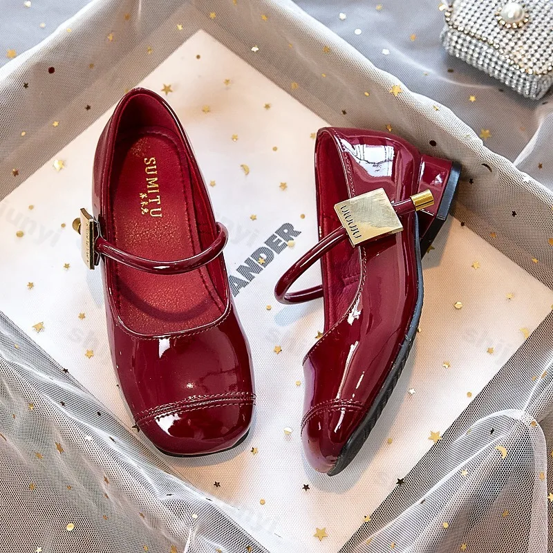 Girl Princess Shoes 2026 Spring Patent Leather Mary Jeans High Heels Children Footwear Performance Shoes Kid's Dress Shoes