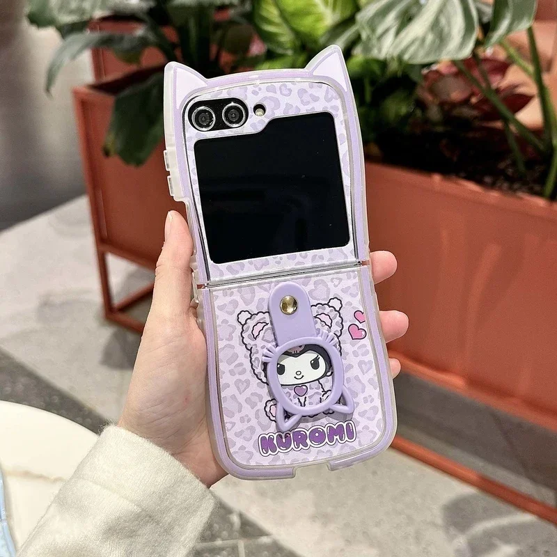 リングホルダー付きのかわいい漫画の電話ケース,ソフトTPUカバー,ヒョウ柄のsanrio kuromi cinnamoroll,samsung galaxy z flip 6 5 4 3