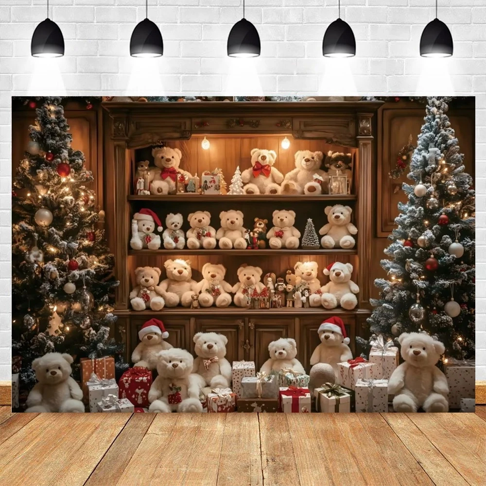 คริสต์มาสการถ่ายภาพพื้นหลังน่ารักของเล่นหมีตู้ของขวัญไม้ในร่ม House Xmas Shop เด็ก Portrait Photocall ฉากหลังตกแต่ง