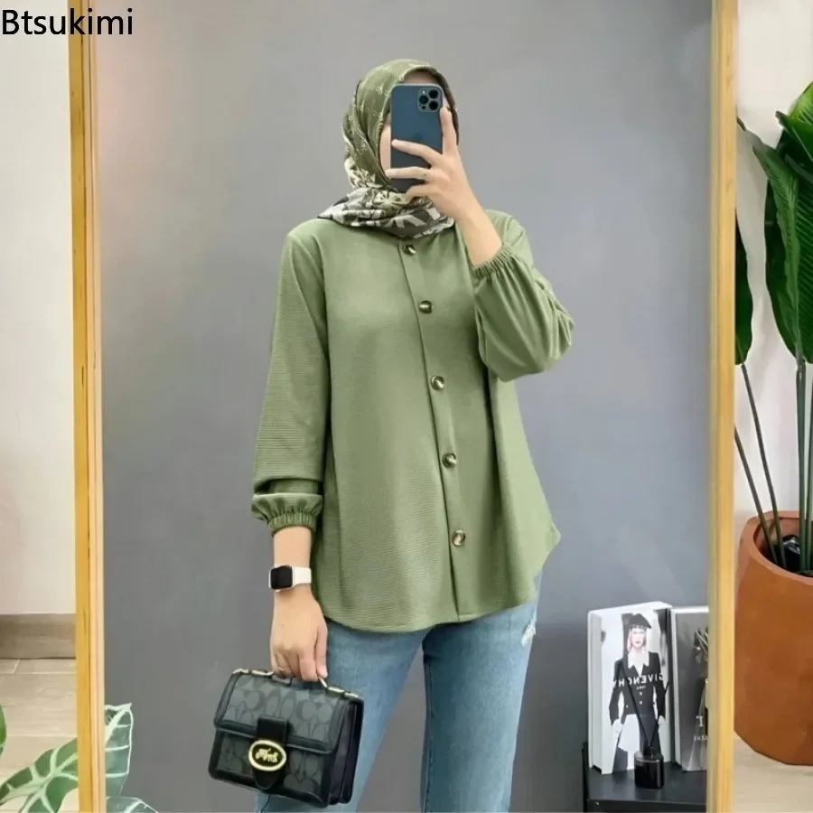 

Fashion New Women Ice Silk Shirt Vintage Solid Long Sleeve Cardigan Muslim Tops Casual Abaya Women Blouse Holiday Blusas Mujer