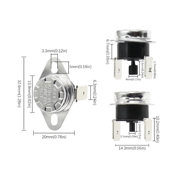 Thermostat de Cristal manuelle KSD301/303, interrupteur de capteur de contrôle de température normalement fermé, 40, 80, 85, 90, 95, 100, 105,