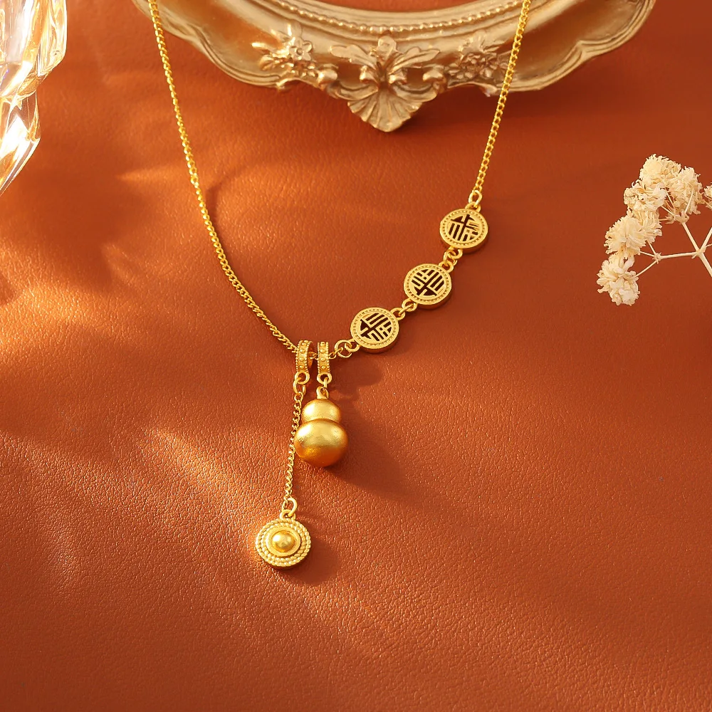 New Chinese Style Gourd Blessing Necklace Vintage Gold Plated Clavicle Chain Premium Color Retention 3D Neck Jewelry