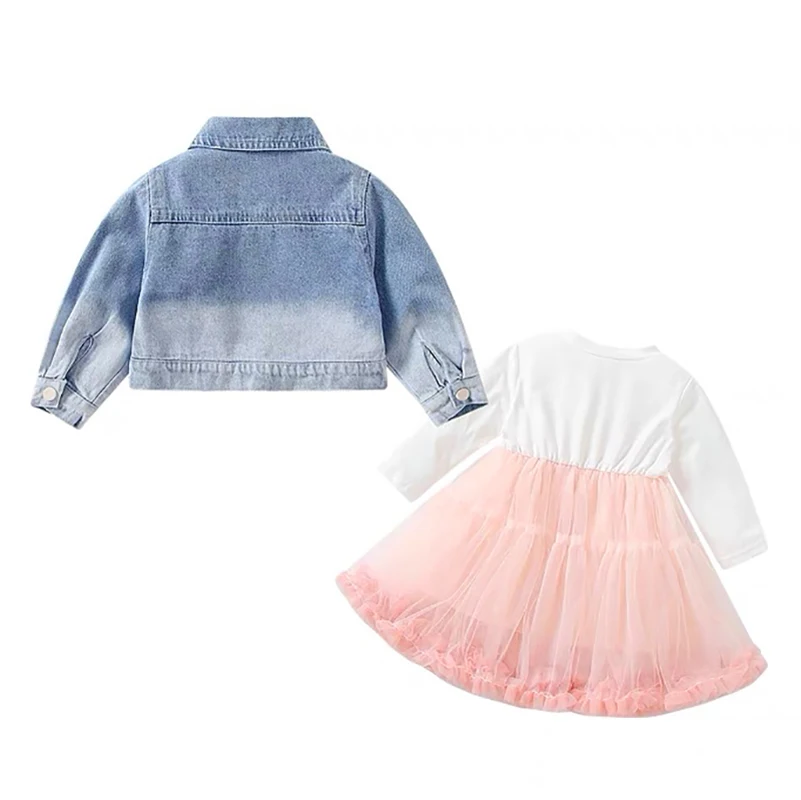 Spring Autumn Little Girls 2pcs Kids Children Denim Dresses Clothing Set Long Sleeve Jacket and Dress Set