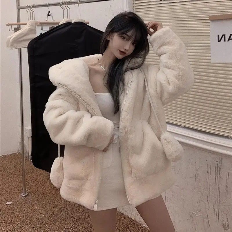 Fall Winter Girls Thickening Fluffy Bomber Jacket with Moving Ears Faux Rabbit Fur Hooded Coat Zipper Hairy Cardigan Crop Tops