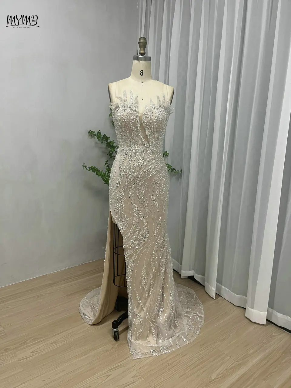MYMB 신상 독점 화이트 스트랩리스 튤 롱 웨딩 파티 드레스 아랍 럭셔리 비즈 장식 머메이드 슬릿 프롬 파티 가운 (여성용)