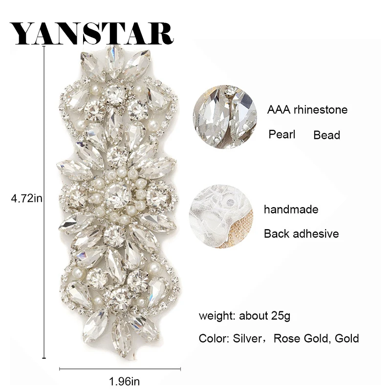 YANSTAR 30PCS Wholesale Rhinestones Appliques Patch For Wedding Dress Belt Clear Rose Gold Crystal Iron On For Bridal Sash YS847