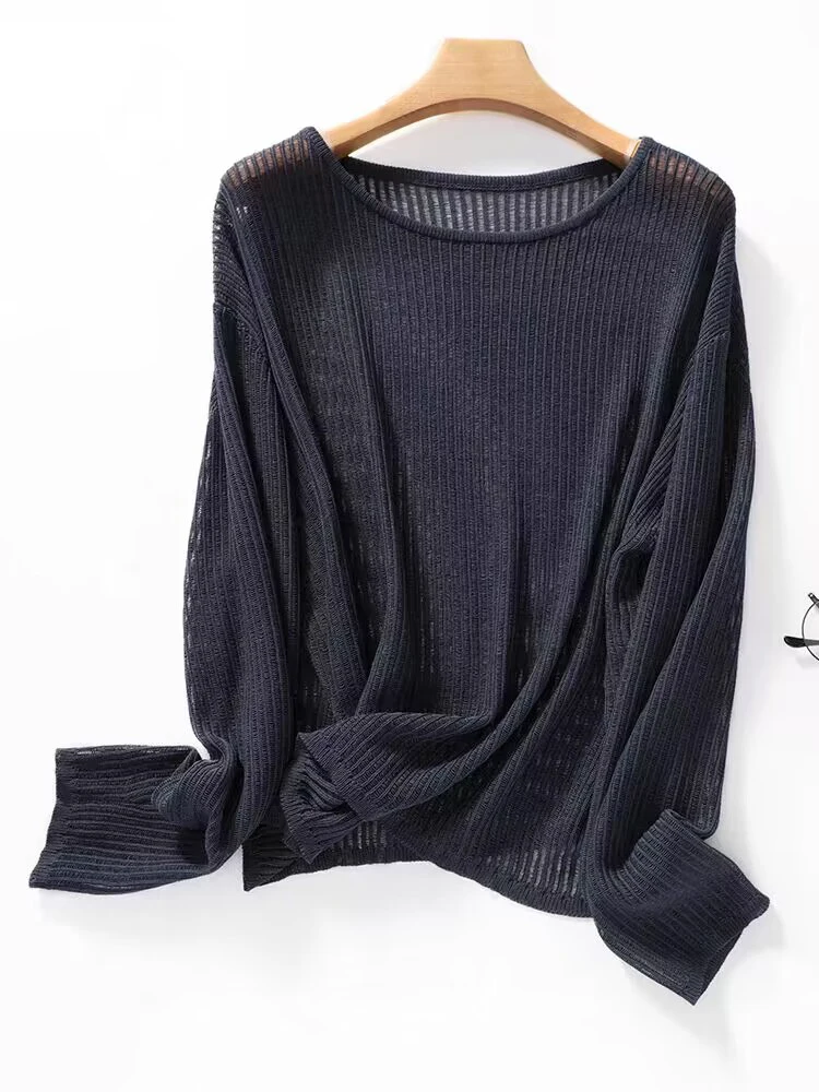 2024 Knitted Flax Loose Thin Women Sweaters See-through Jumper Pullover Long Sleeve Casual Pull Shirts Solid Femme Sweater