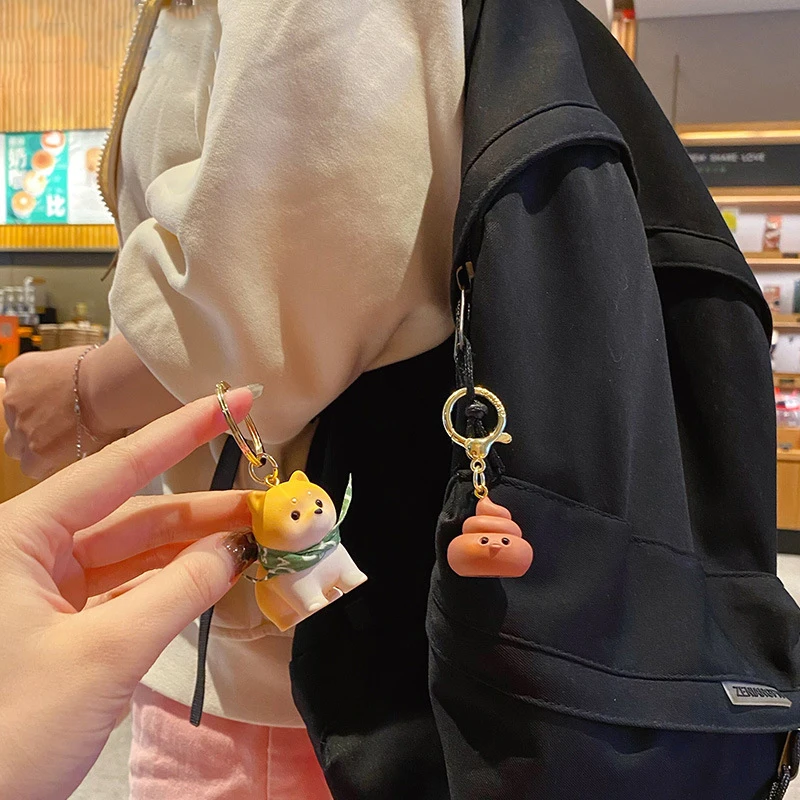 Creative Couple Buckle Strap Scarf Shiba Inu Doll Key Chain Cute Funny Dog With Dog Shit Fortune Keychain Gift for Men Women Bag