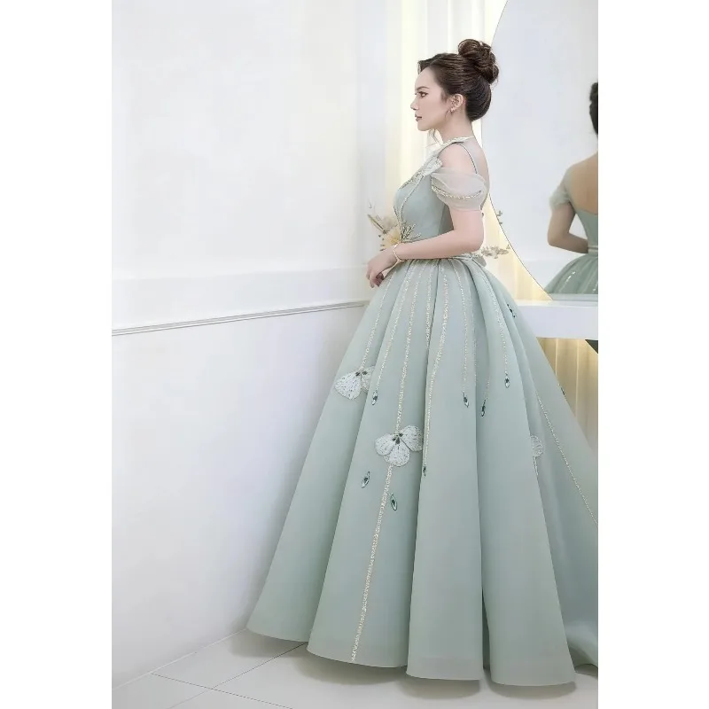 Lichtgroen een schouder galajurk gezwollen gaas baljurk luxe kralen strik formele avondjurk vestidos de fiesta op maat