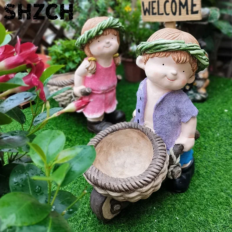American Country Boy Cart Planter Cartoon Character Garden Decor Outdoor Patio Sculpture Rustic Plant Pot Statue Garden Art