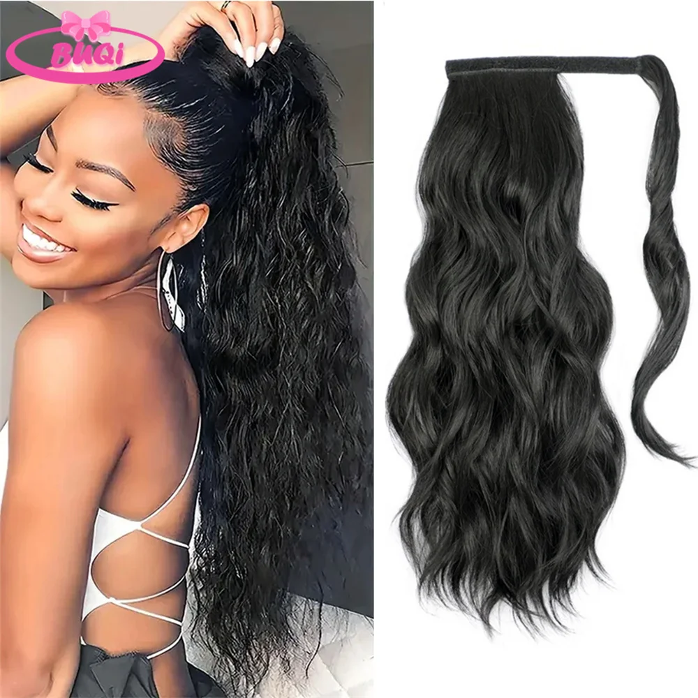 

BUQI Water Wavy Ponytail Hairpiece Wrap Around Magic Paste Ponytail Hair Extensions Water Wave Synthetic Pony Tail For Women