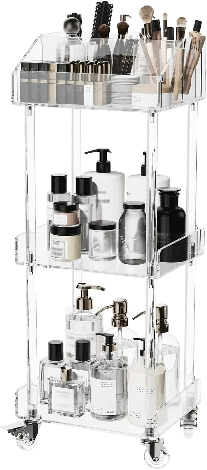 

Acrylic Makeup Organizer Storage Cart - 3 Tier Rolling Makeup Cart Vanity Organizer - Cosmetics Display Cases Holder for
