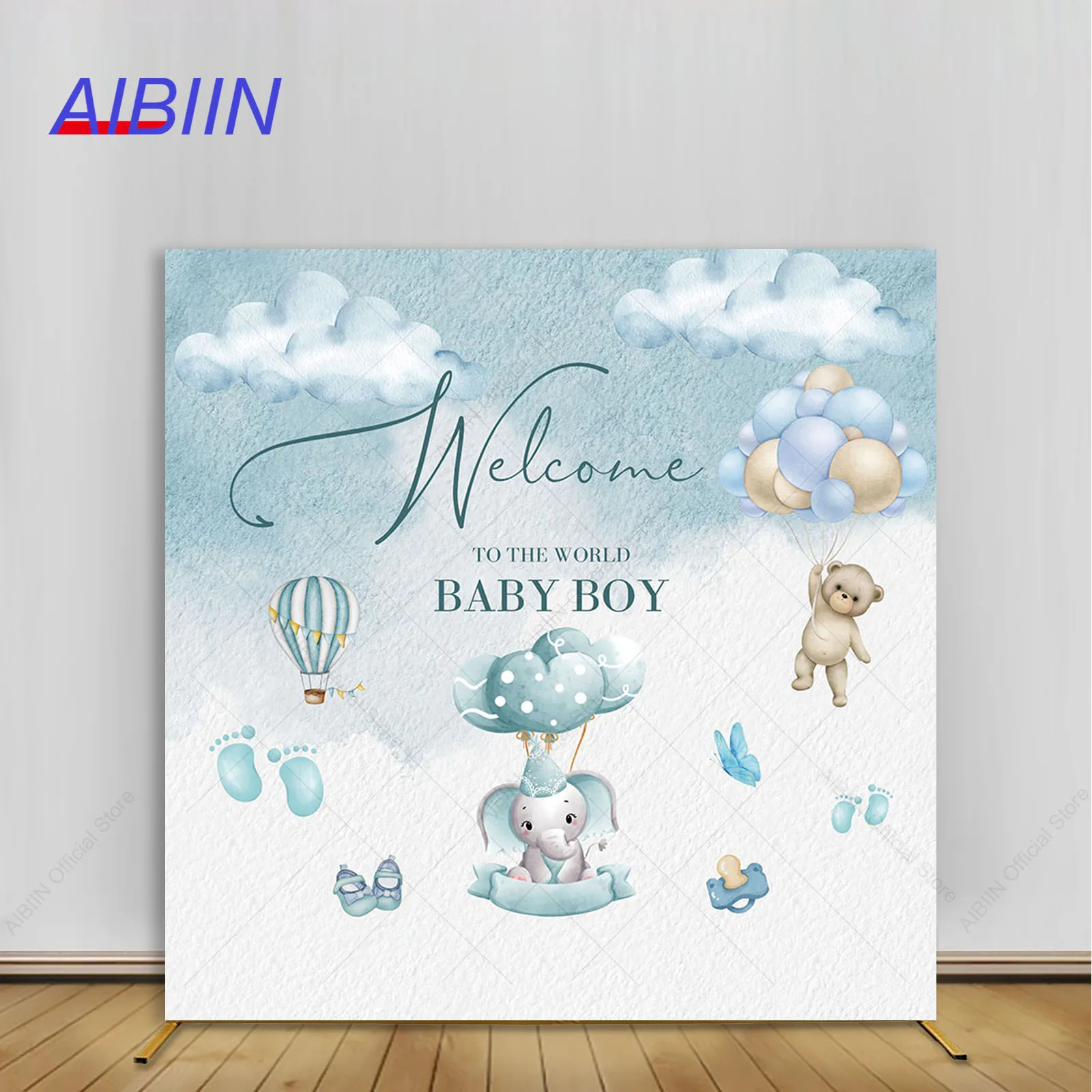 

Boy Baby Shower Square Backdrop Cover Elephant Bear Balloons Clouds Butterfly Welcome Boy Party Decoration Photozone Background