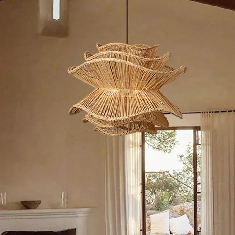 Japanese Vintage Rattan Pendant Lamp Wabi Sabi Wicker Pendant Lamp for Dining Room Living Room Restaurant Bamboo Hanging Lamp