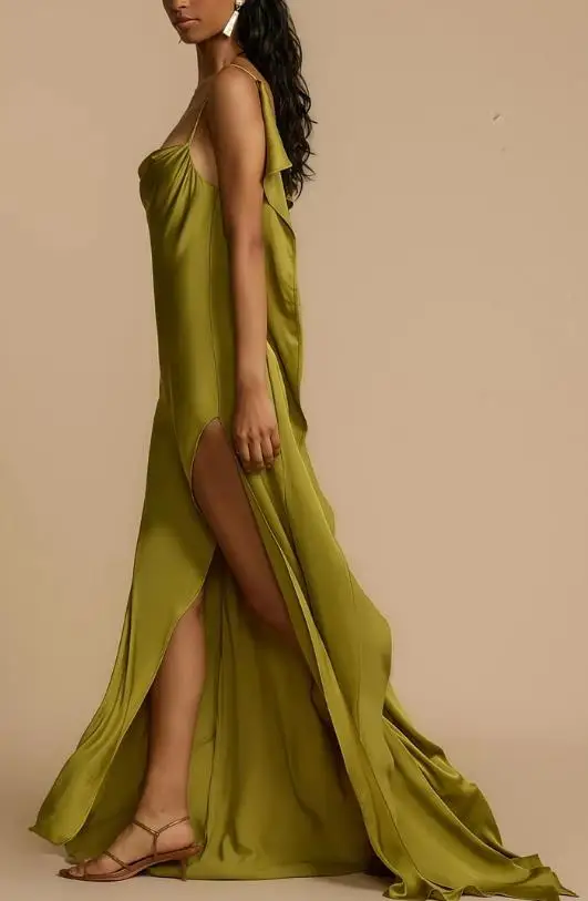 

2025 Solid Color Swing Collar Waist High Slit Suspender Dress for Summer Women's Fashion Backless Pleated Design Suspender Dress