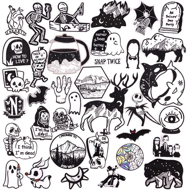 Creative Black And White Animal Patches For Clothing Embroidered Patches Apparel Fabric Sewing Funny Ghost Punk Applique Badges