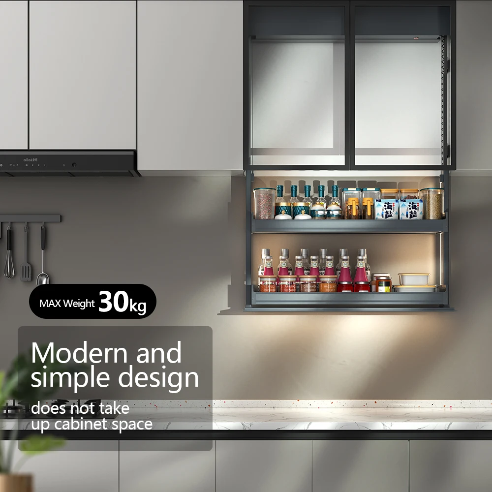 

2024 New Furniture Kitchen Lift Storage Basket Intelligent Lift Shelf of Cupboards Smart Lift Racks of Kitchen Cabinet