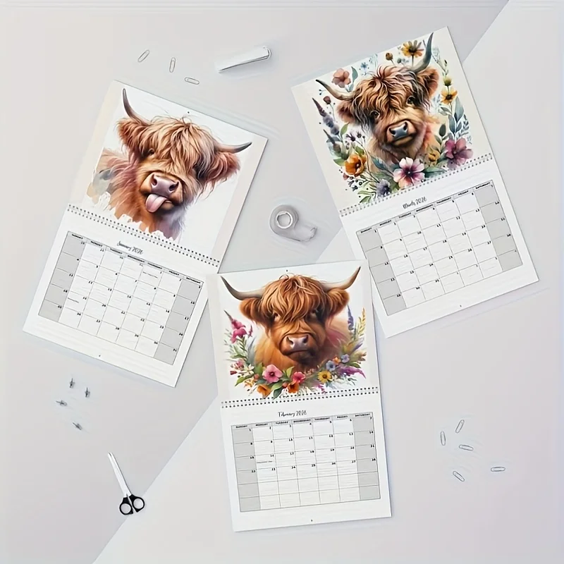 2026 Calendario da parete mucca delle Highland Fattoria Estetica Pianificatore giornaliero Programma annuale Mese Notebook Home Office Decor Regali di festa