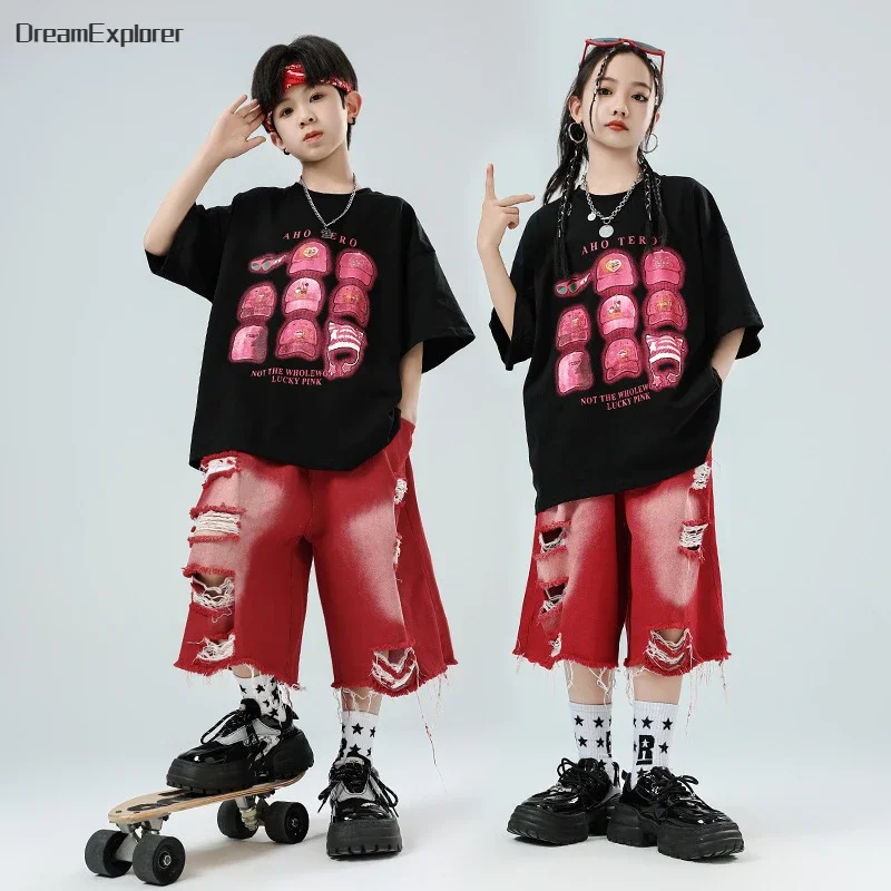 

Hip Hop Girls Fashion T-shirt Shorts Boys Ripped Middle Pants Street Dance Child Streetwear Kids K-pop Costume Jazz Clothes Sets