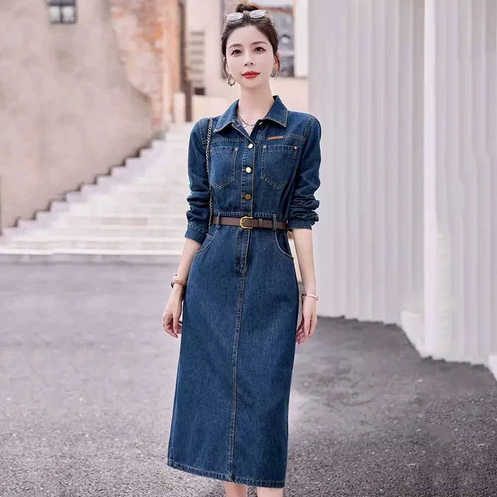 

New Women Spring Autumn High Waist Denim Dress Fashion Shirt Collar Long Sleeve Long Dress Casual Loose Mid-Calf Dress