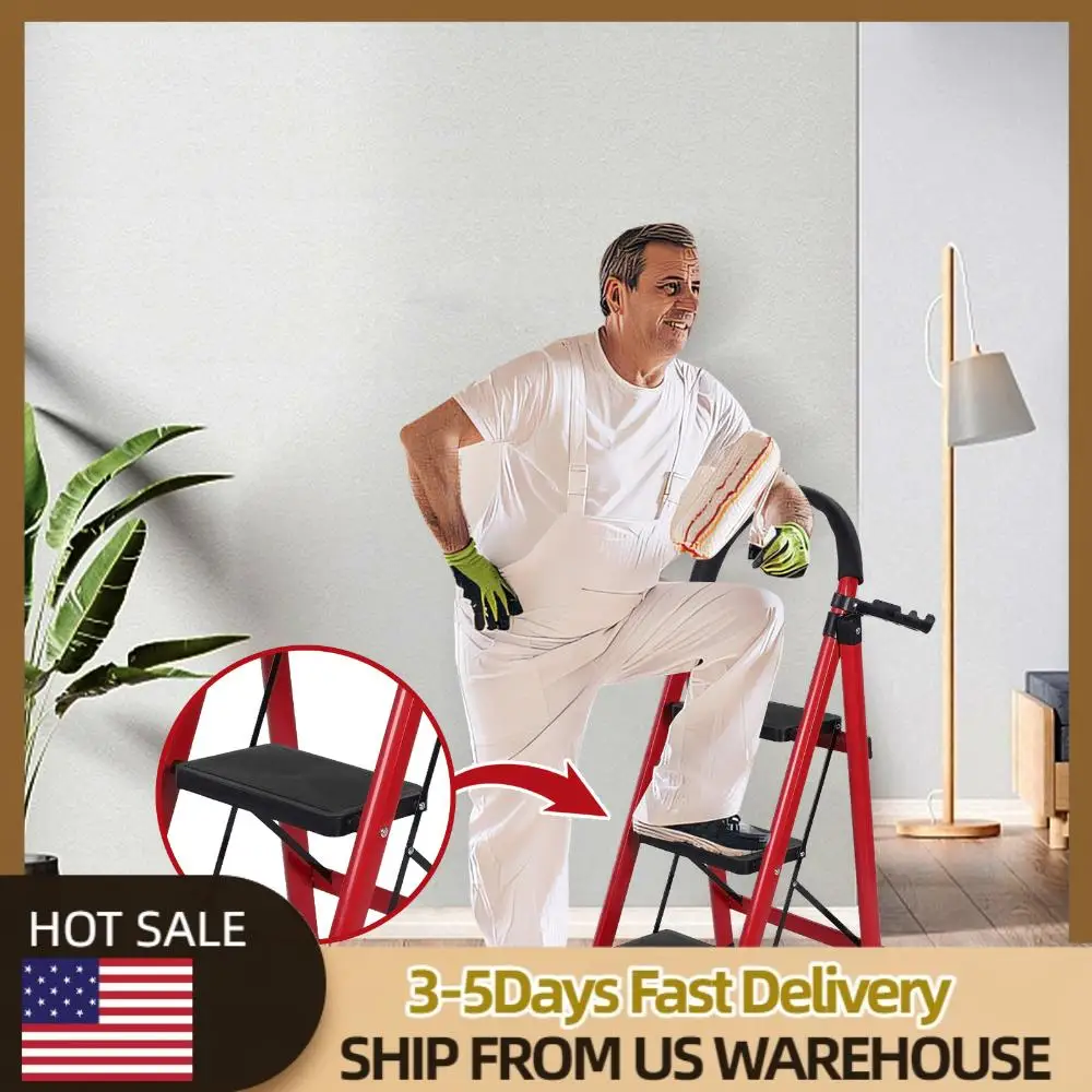 

Трехступенчатая складная лестница, прочная стальная лестница, максимальная нагрузка 330 фунтов, широкие ступени, легкая, для дома, кухни, офиса