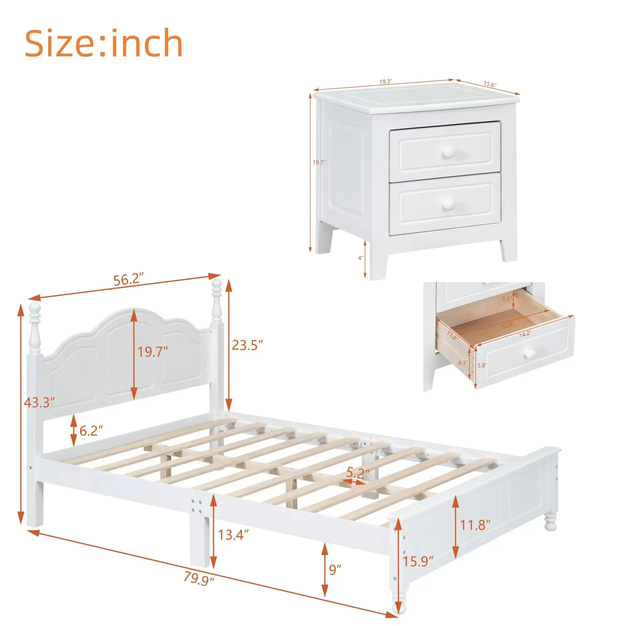 3-Pieces Bedroom Sets,Full Size Wood Platform Bed Frame for Boys Girls Kids Adults Toddler and Two Nightstands-White