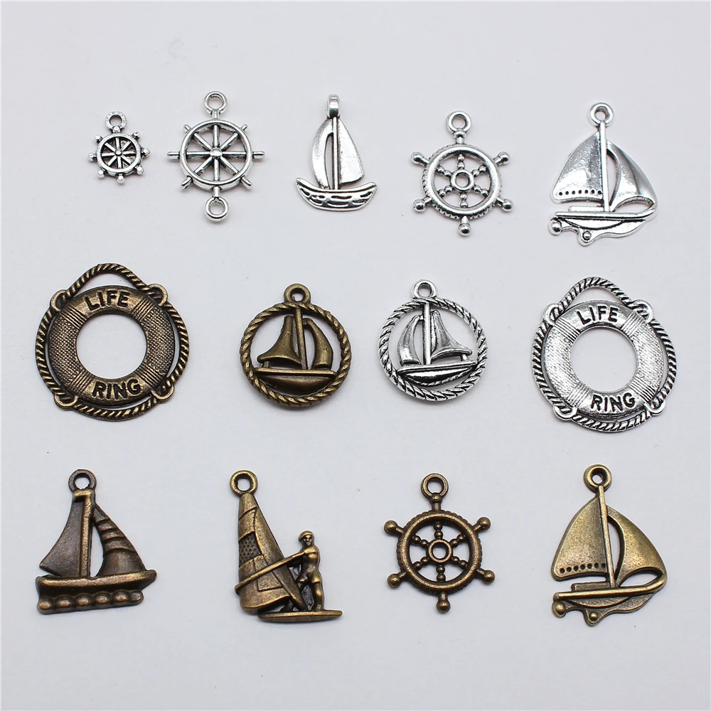 20pcs Life-Ring Ships Wheel Helm Rudder Sailboat Charms Tibetan Bronze Silver Color Pendants Antique DIY Handmade Craft