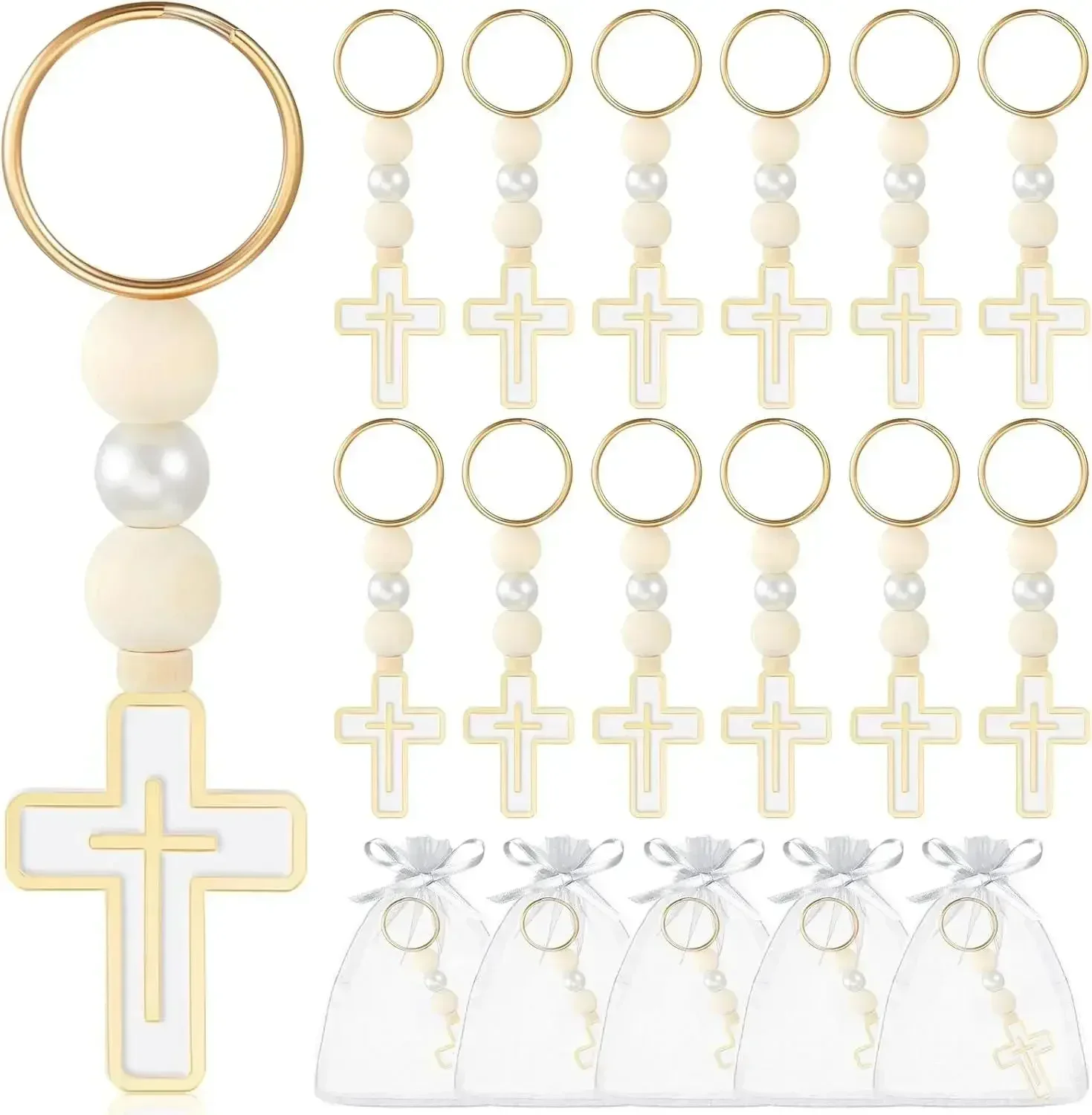 10/20Sets First Holy Communion Favors Rosary Beads with Cross Crucifix Keychain with White Organza Bag Baptism Favors