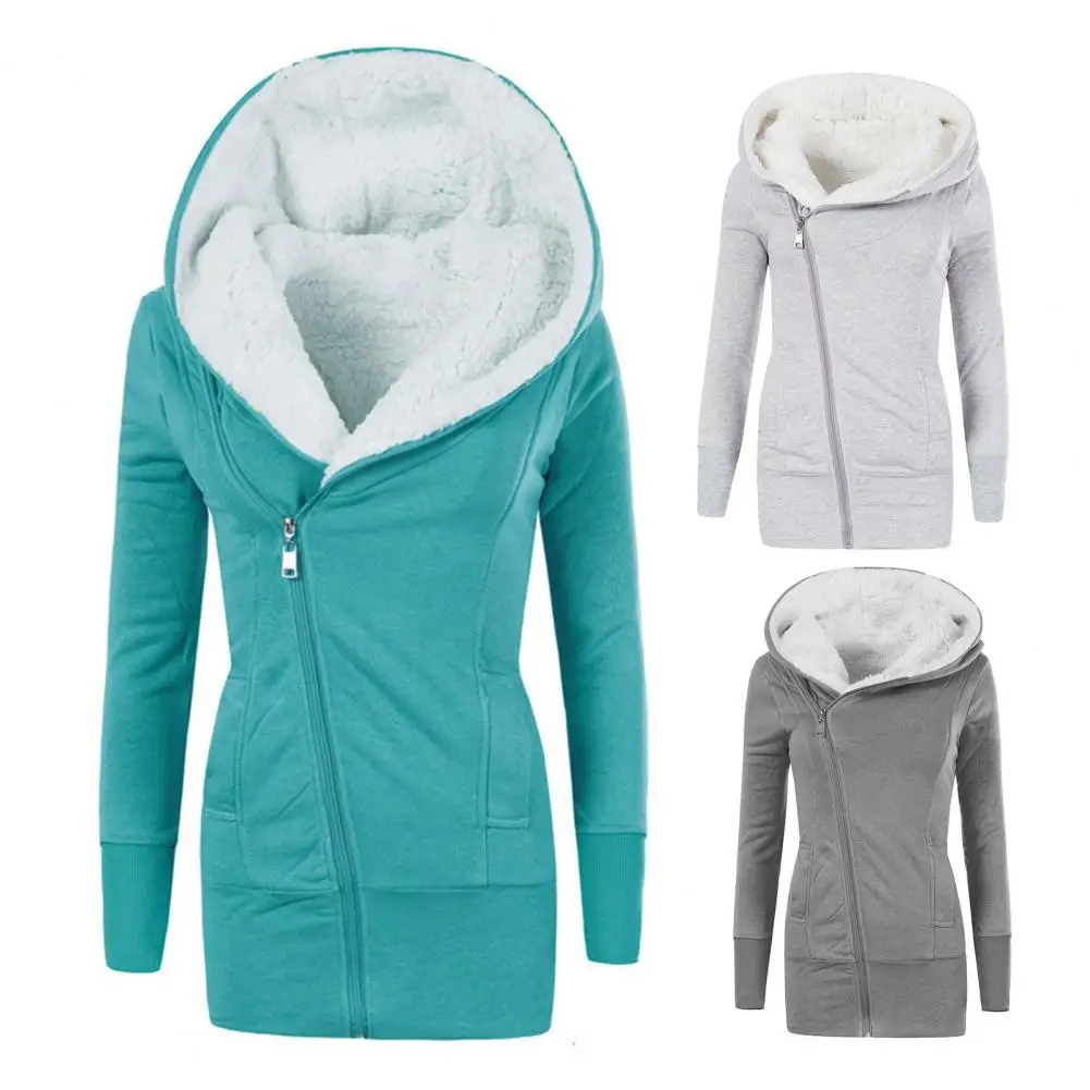 

Women Coat Solid Color Fleece Warm Casual Jacket Outdoor Hooded Jacket Women Long Hoodie Elastic Cuff Long Sleeve Winter Coat