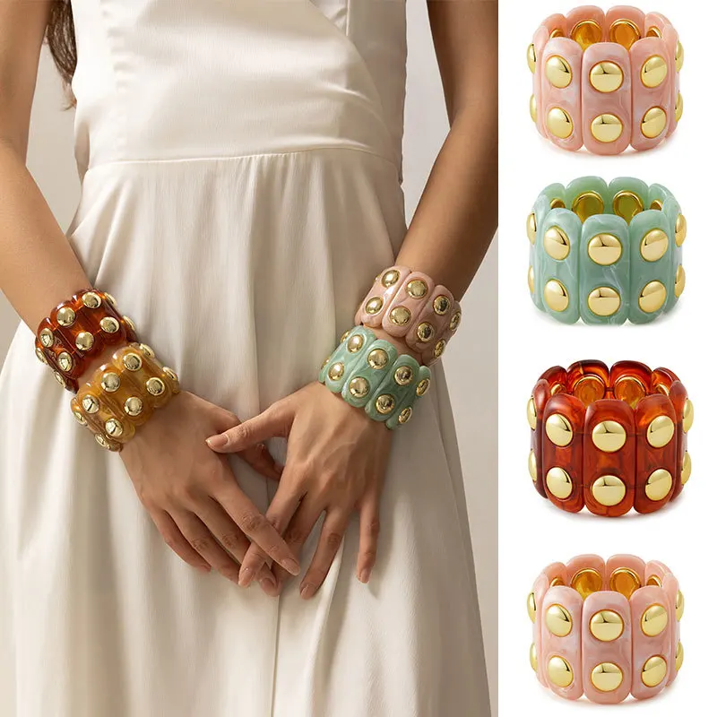 DIEZI Fashion Trendy Geometric Round Resin Wide Bangles Vintage Handmade Rivet Elastic Rope Bracelet For Women Men Gift Jewelry