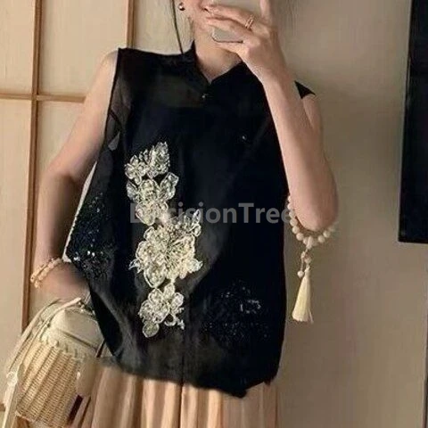 New Chinese-style Heavywork Embroidered Sleeveless Shirt Vest Women Summer Chiffon Elegant Stylish Top Daily Outerwear Vest