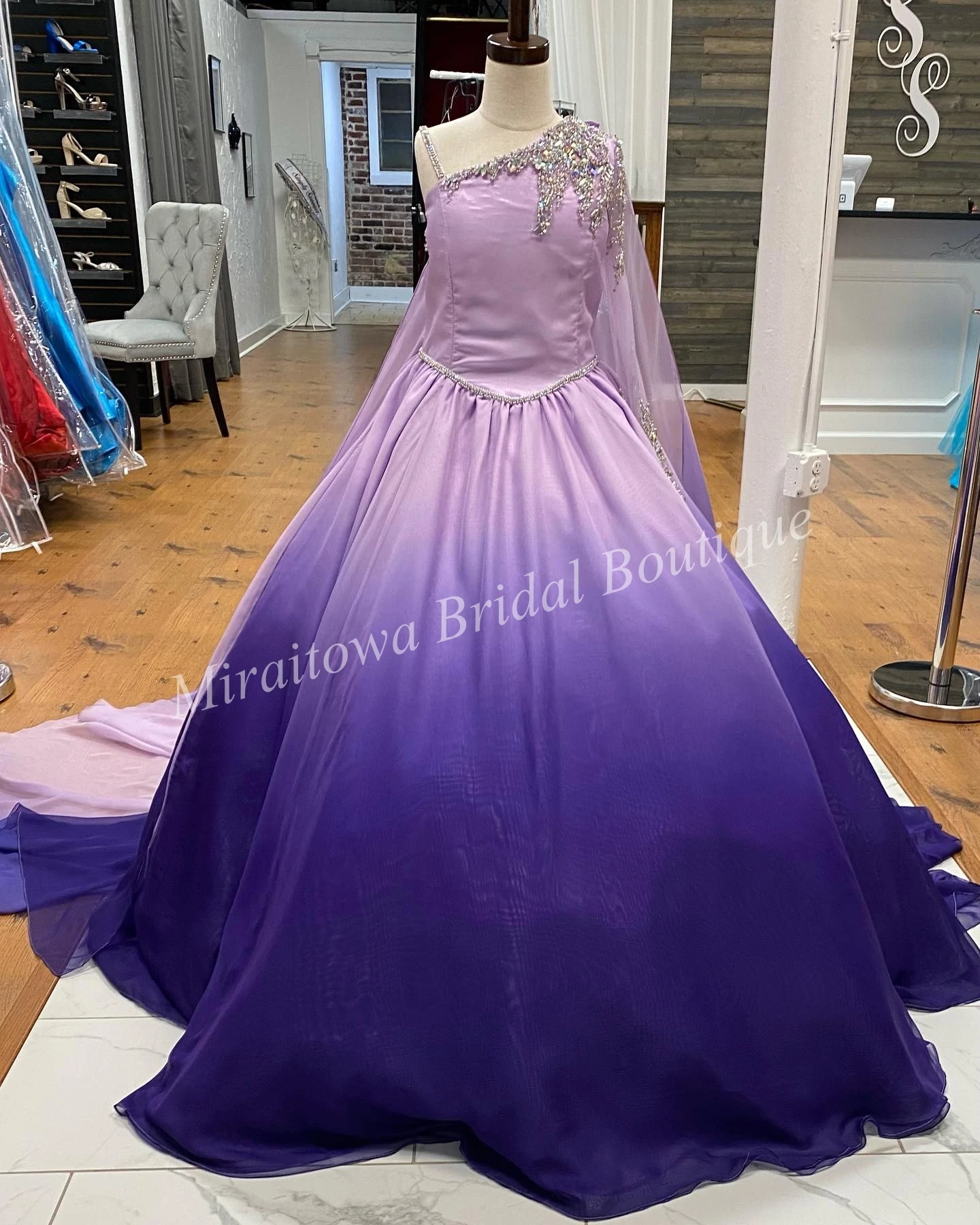 Vestido de gasa con cuentas y cristales para niña, vestido de fiesta Formal de manga larga, color amarillo, ombré, Morado, 2022