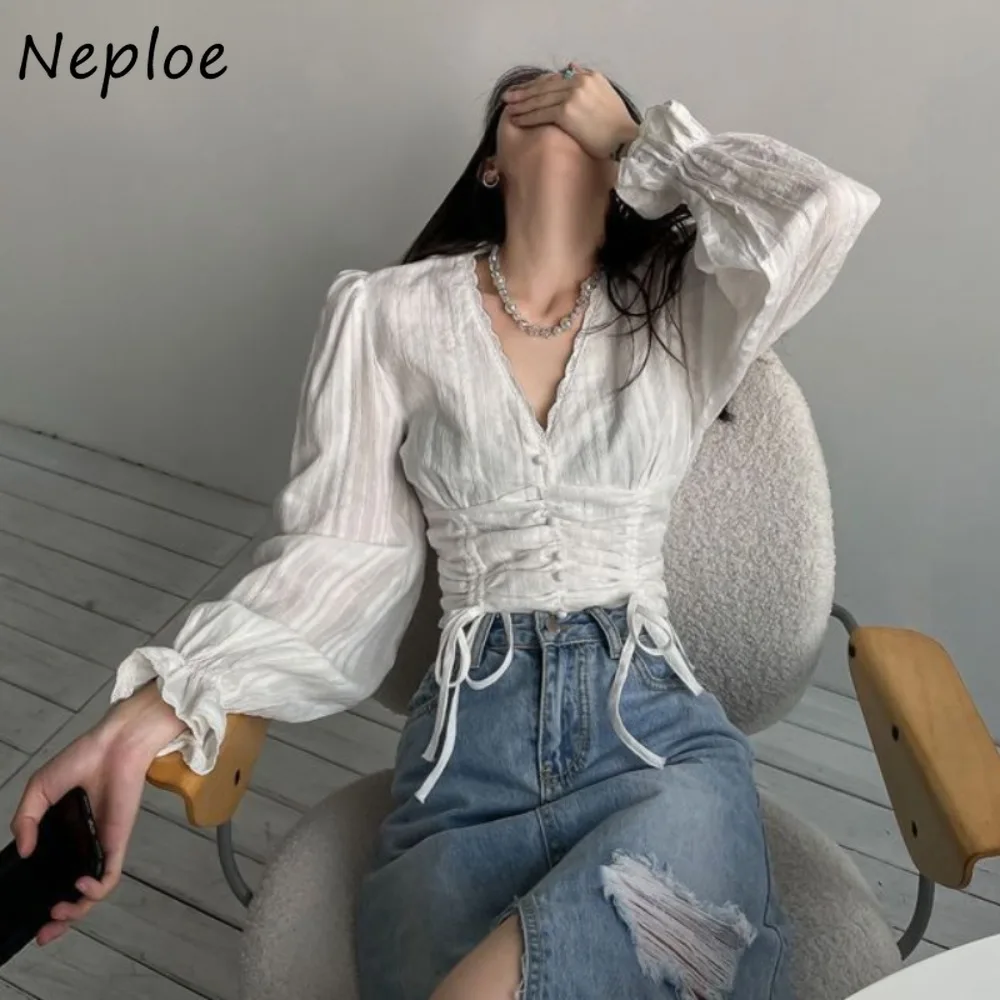 

Neploe New Sexy Short Spice Girls Shirts Women Drawstring Fairy French Casual Blouses Slim Fungus Chiffon Sweet Flare Sleeve Top