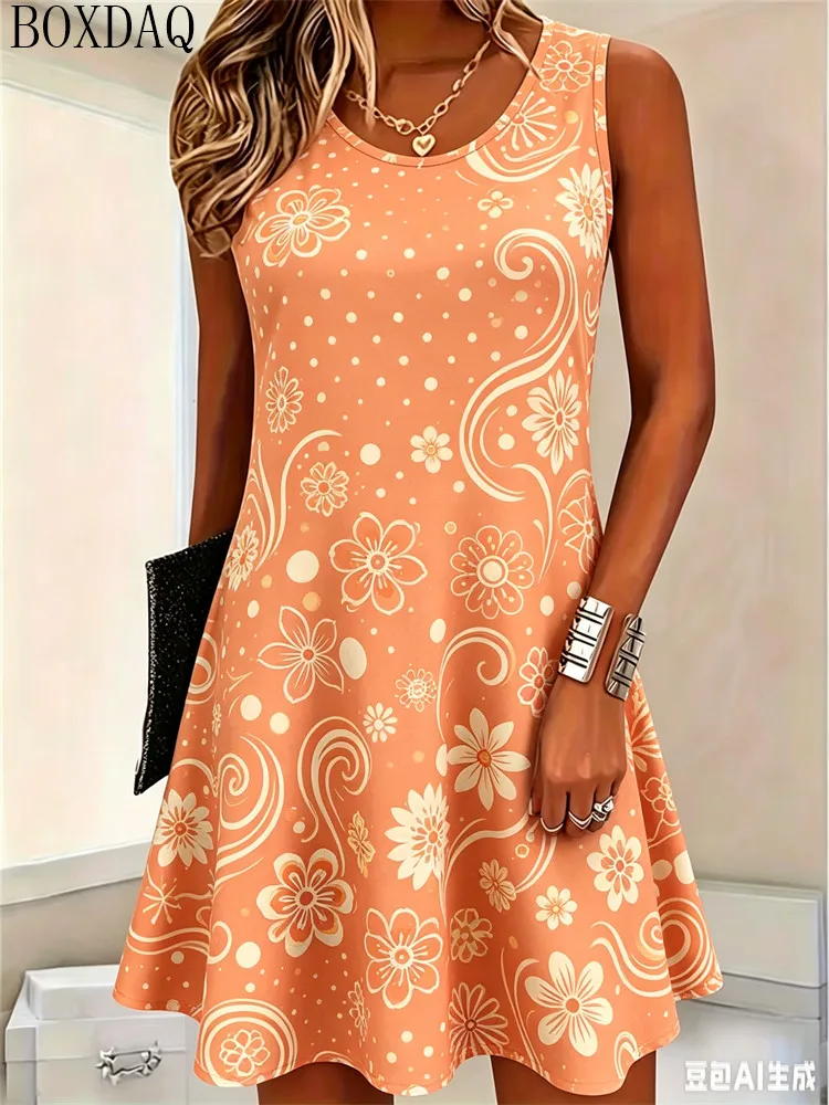 Women's Casual Dress Summer Round Neck Sleeveless Floral Leaf Print Loose Beach Dresses