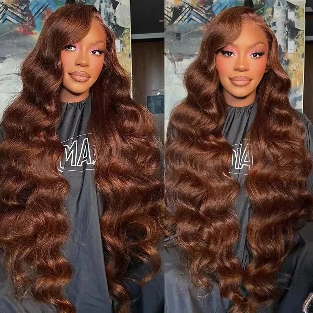 

#4 Chocolate 40-46 Inch 13x6 HD Transparent Lace Frontal Wig 100% Human Hair Highlight Colored Body Wave Wigs Brazilian Hair Wig
