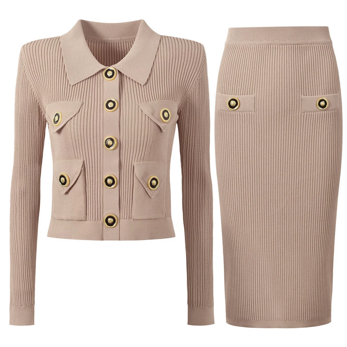 

High Quality New Fashionable Elastic Lapel Pocket Long Sleeved Big Button Cardigan Slim Fit Skirt Casual Commuting Women's Suit