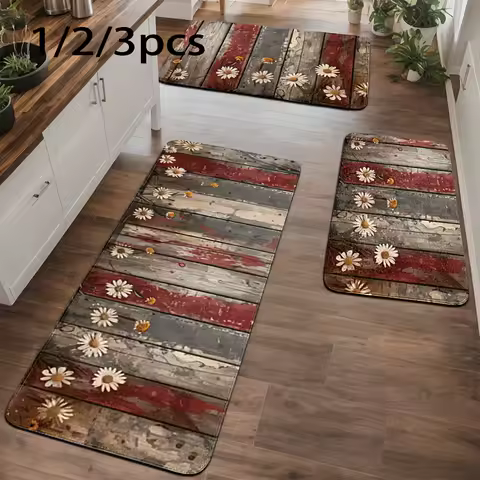 VIKAMA Farmhouse Wood-Grain Jasmine Kitchen Rug Set, Easy To Clean, Suitable For Bathroom Door Mats