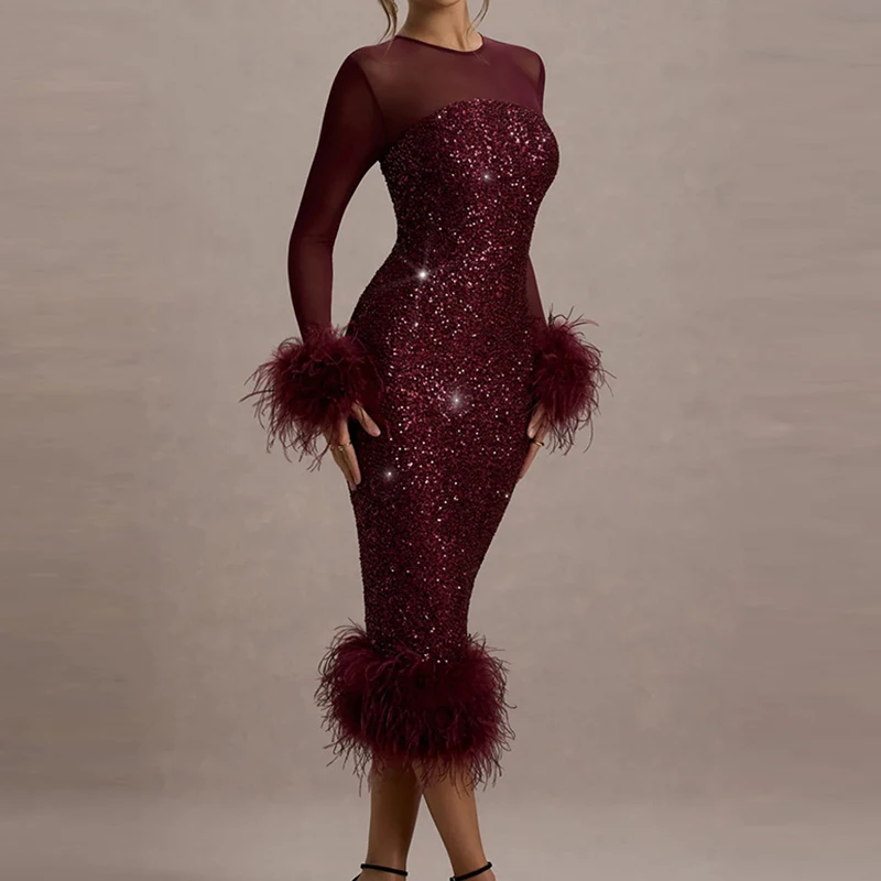 Casual O Neck Mesh Long Sleeve Party Dress 2024 Feather Patchwork Slim A-line Dress Elegant Sequin Backless Wrap Hip Women Dress