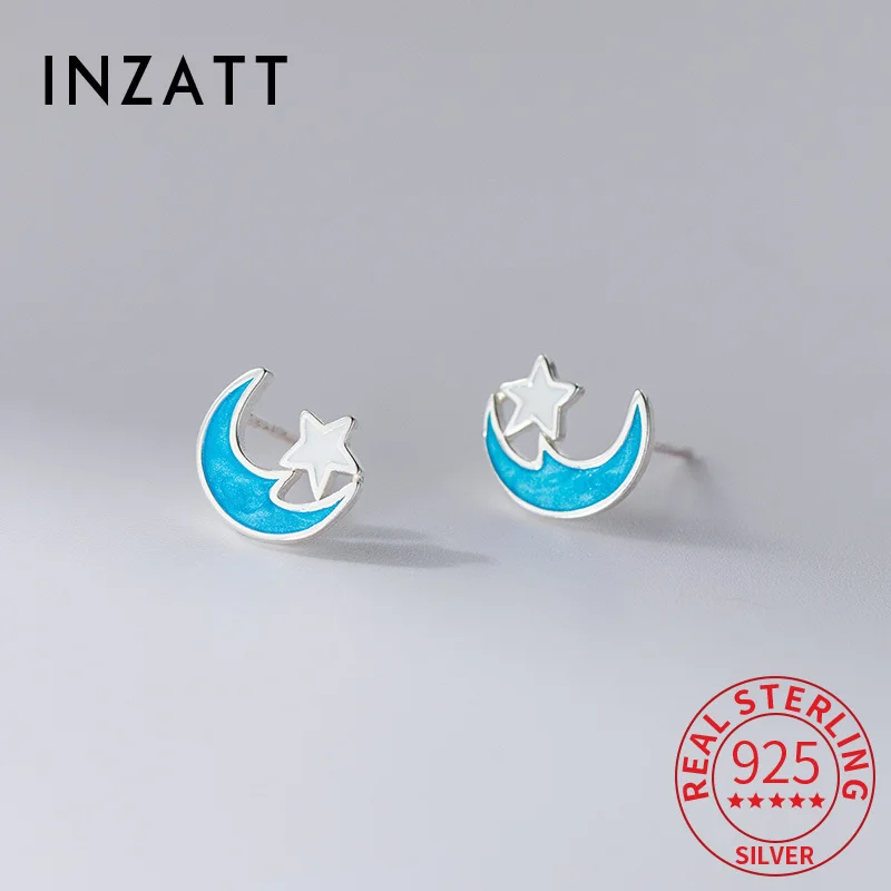 

INZATT Real 925 Sterling Silver Moon Star Mini Stud Earrings for Women Classic Fine Jewelry Minimalist Accessories