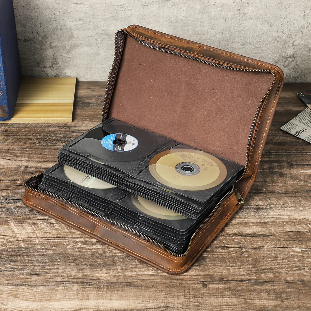 Genuine Leather Large Capacity Zipper CD DVD Wallet Holder Bag 80 Discs Album Organizer Media Storage Case CD DVD Clutch