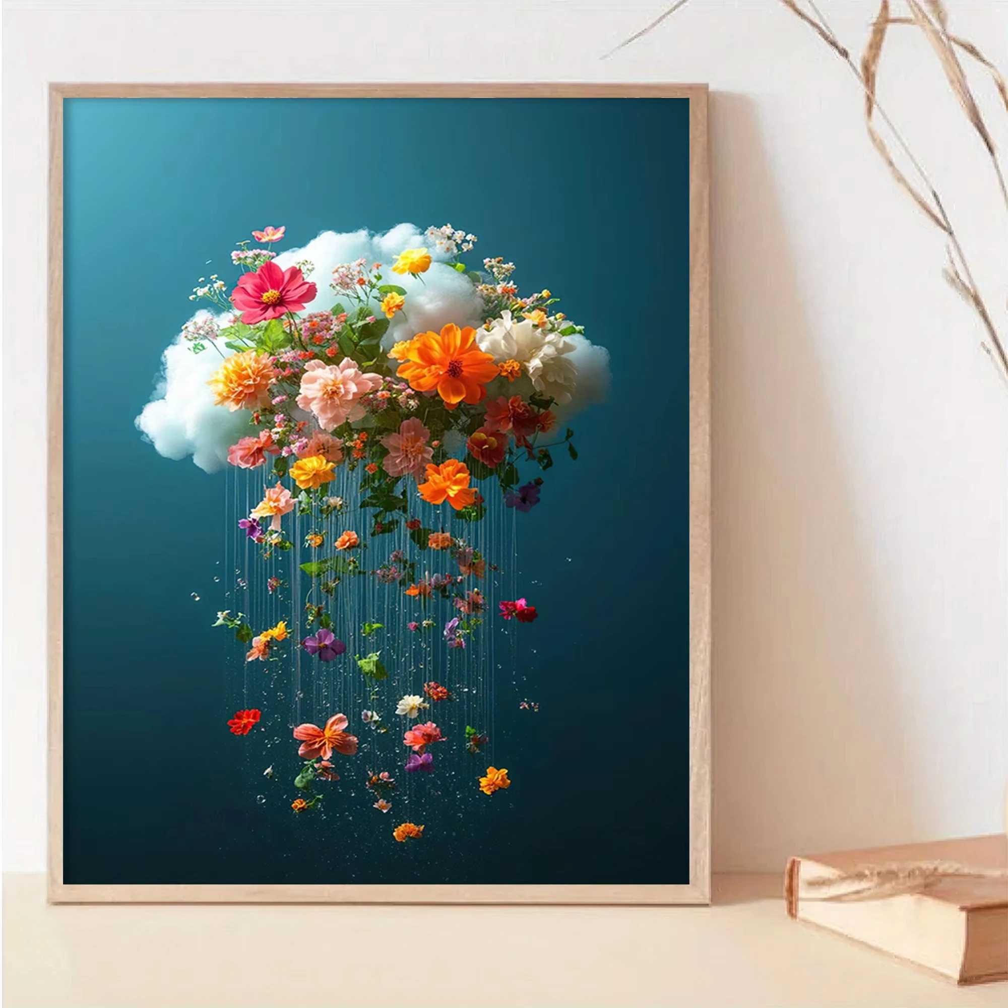 Moderne Blumen-Wolken-Leinwandgemälde, Wandkunst, abstrakte Blumen-Poster, lebendige, mehrfarbige Blumen, Wandkunst, Heimdekoration. – Detail 4