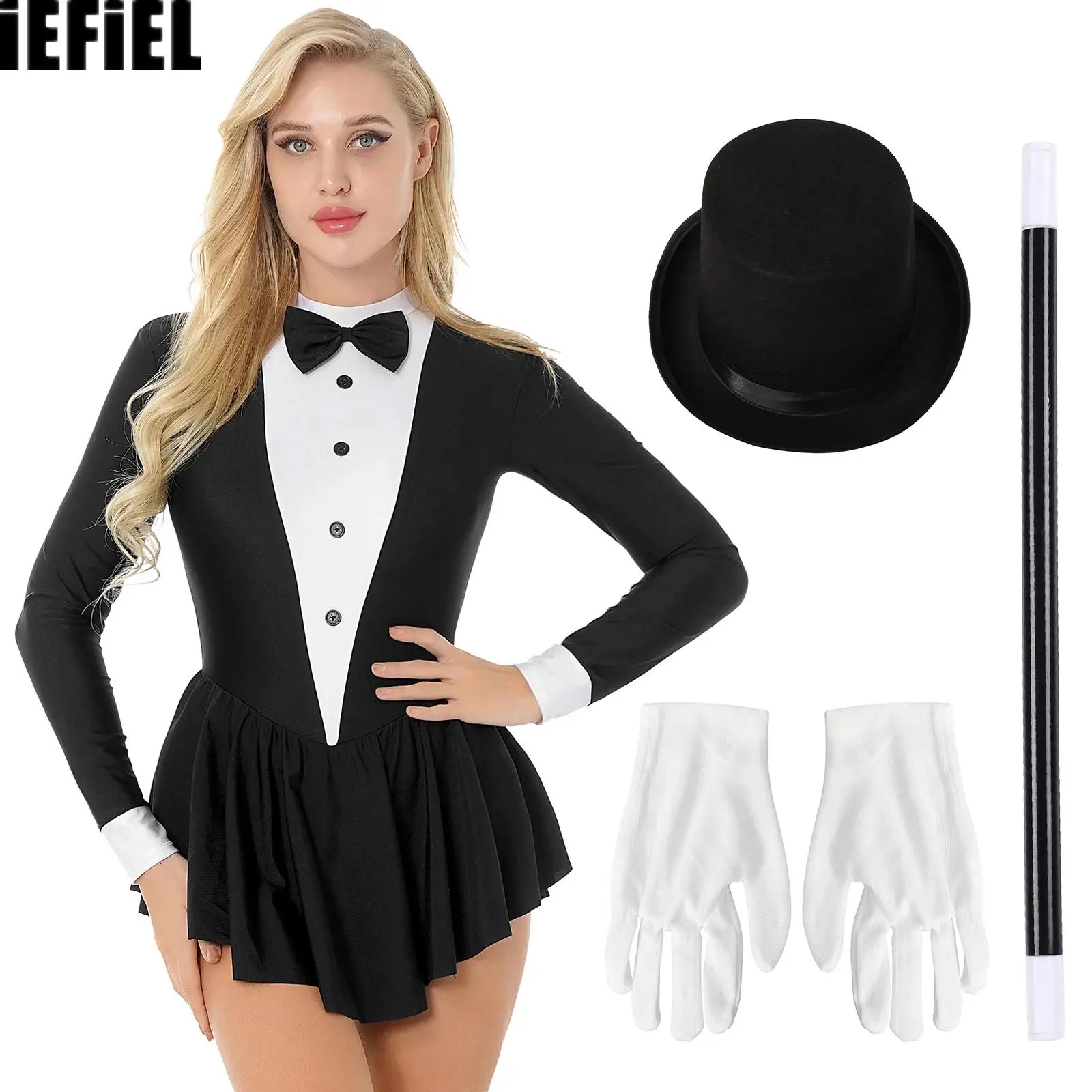 

Womens Magician Costume Set Halloween Circus Ringmaster Contrast Color Bowknot Ruffle Tuxedo Dress with Magic Wand Hat Gloves